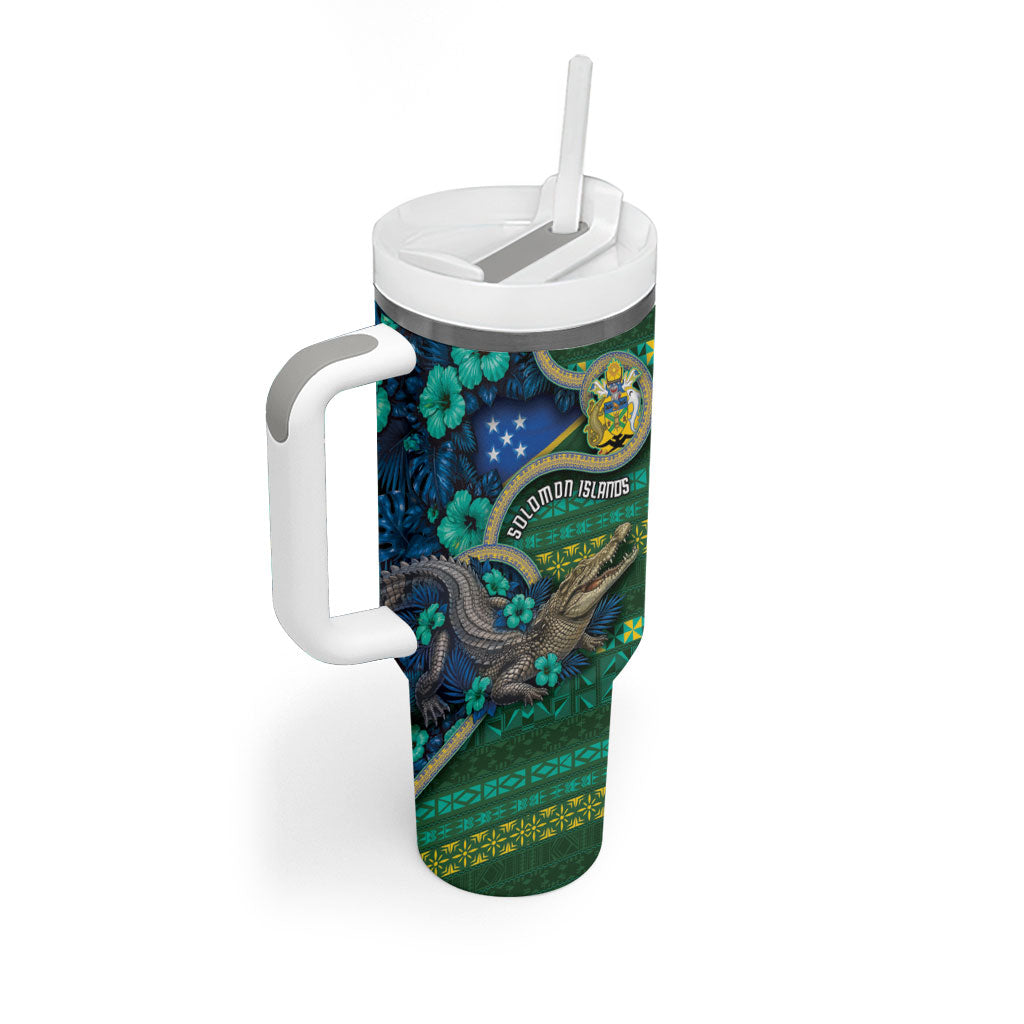 Personalised Solomon Islands Independence Day Tumbler With Handle Crocodile Hibiscus Tribal Pattern