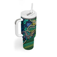 Personalised Solomon Islands Independence Day Tumbler With Handle Crocodile Hibiscus Tribal Pattern