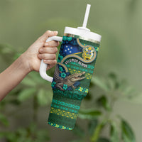 Personalised Solomon Islands Independence Day Tumbler With Handle Crocodile Hibiscus Tribal Pattern