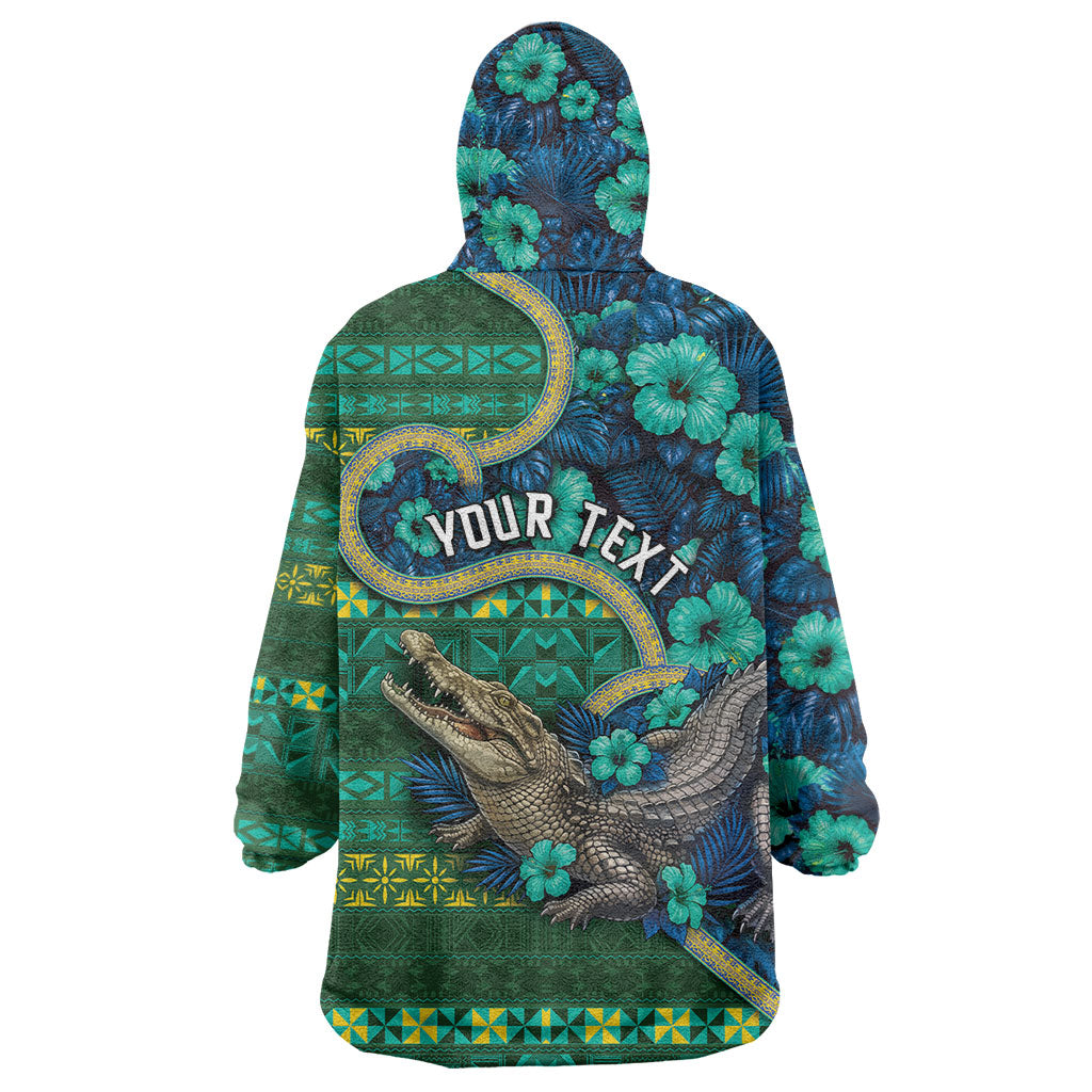 Personalised Solomon Islands Independence Day Wearable Blanket Hoodie Crocodile Hibiscus Tribal Pattern