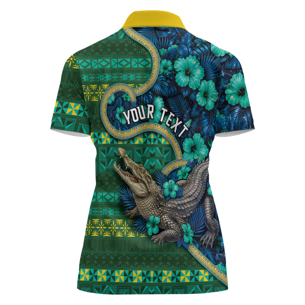 Personalised Solomon Islands Independence Day Women Polo Shirt Crocodile Hibiscus Tribal Pattern