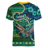 Personalised Solomon Islands Independence Day Women V-Neck T-Shirt Crocodile Hibiscus Tribal Pattern