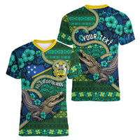 Personalised Solomon Islands Independence Day Women V-Neck T-Shirt Crocodile Hibiscus Tribal Pattern