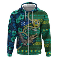 Personalised Solomon Islands Independence Day Zip Hoodie Crocodile Hibiscus Tribal Pattern