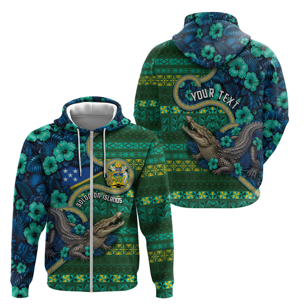 Personalised Solomon Islands Independence Day Zip Hoodie Crocodile Hibiscus Tribal Pattern