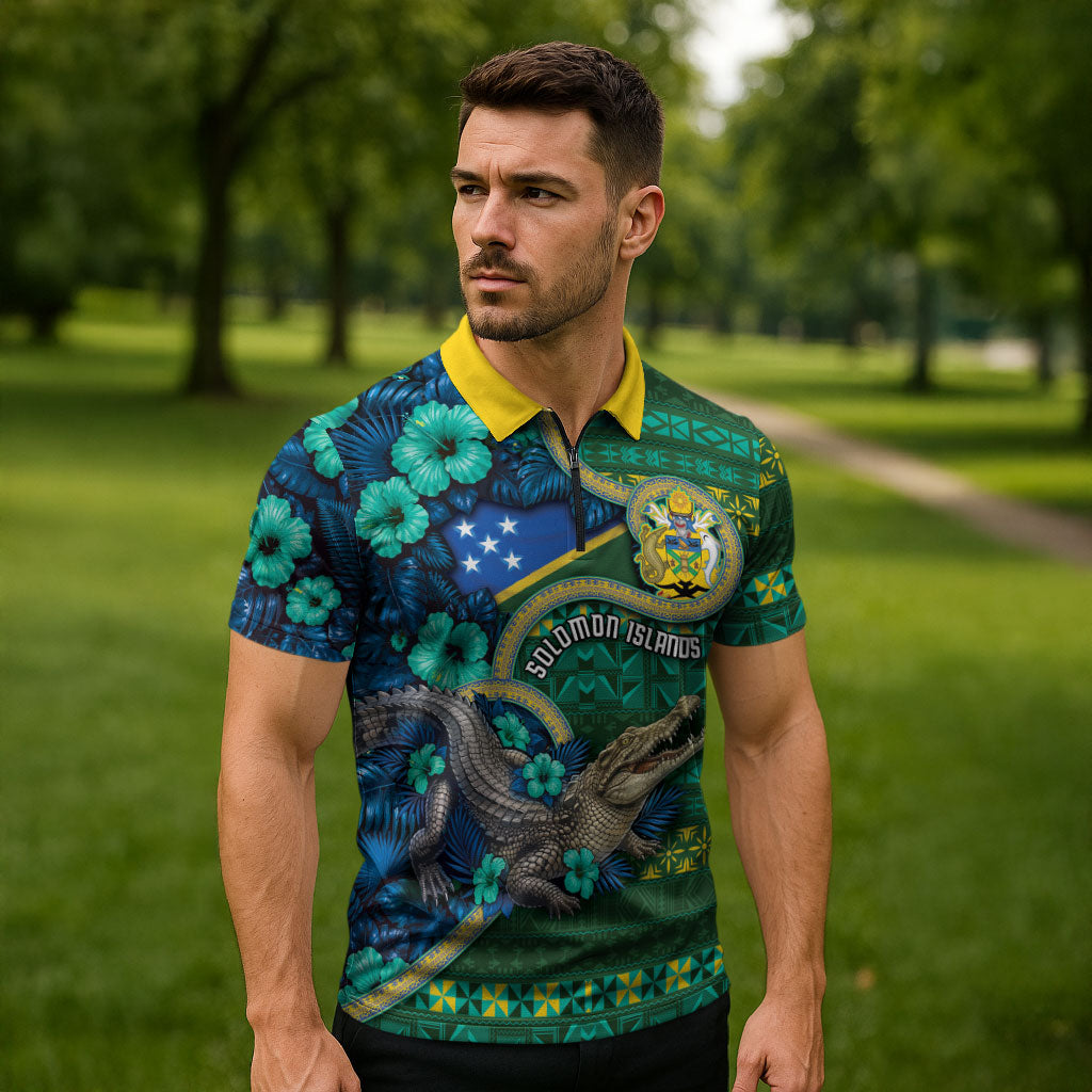 Personalised Solomon Islands Independence Day Zipper Polo Shirt Crocodile Hibiscus Tribal Pattern