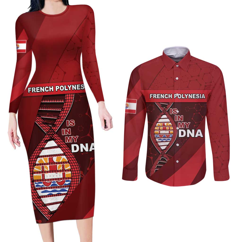 French Polynesia Is In My DNA Couples Matching Long Sleeve Bodycon Dress and Long Sleeve Button Shirt DT05 Red - Polynesian Pride
