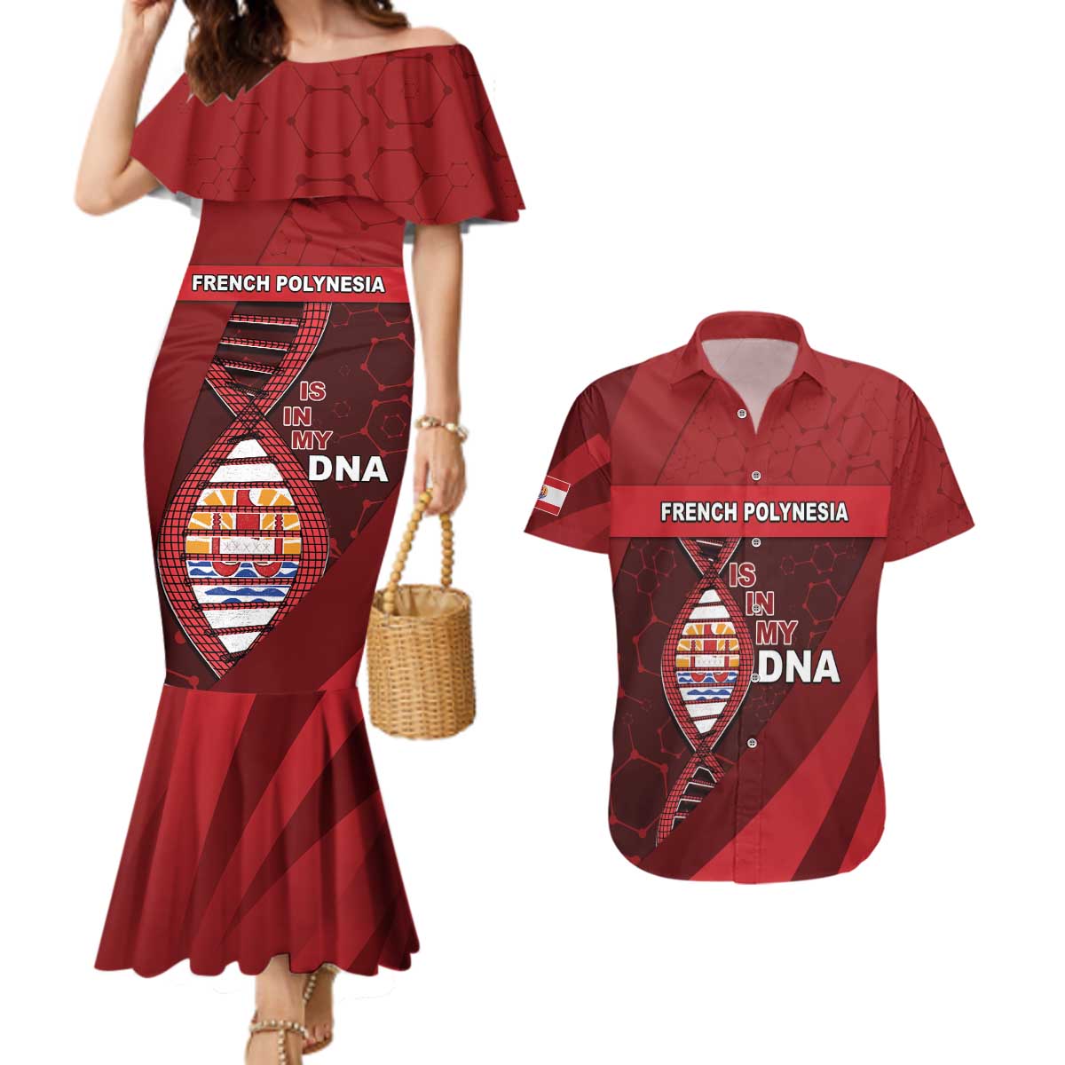 French Polynesia Is In My DNA Couples Matching Mermaid Dress and Hawaiian Shirt DT05 Red - Polynesian Pride