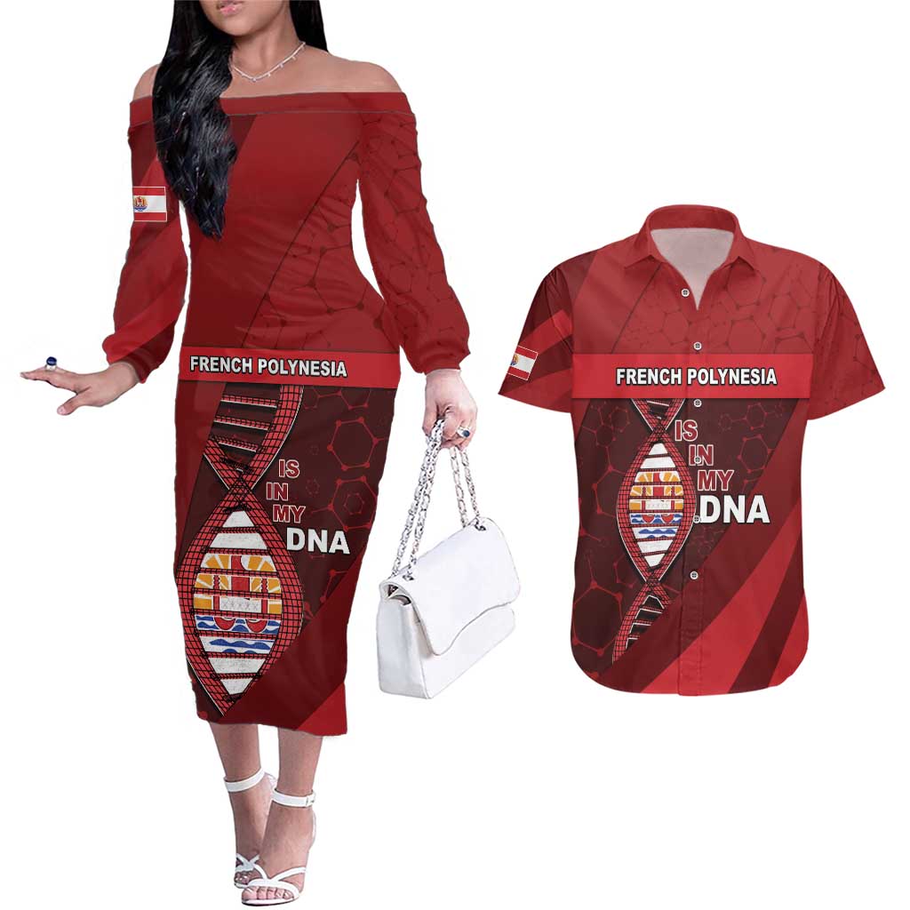 French Polynesia Is In My DNA Couples Matching Off The Shoulder Long Sleeve Dress and Hawaiian Shirt DT05 Red - Polynesian Pride