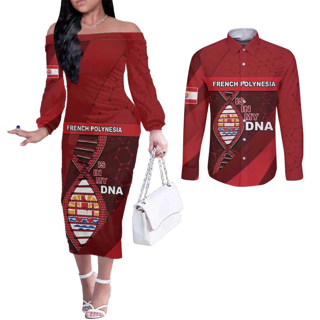 French Polynesia Is In My DNA Couples Matching Off The Shoulder Long Sleeve Dress and Long Sleeve Button Shirt DT05 Red - Polynesian Pride