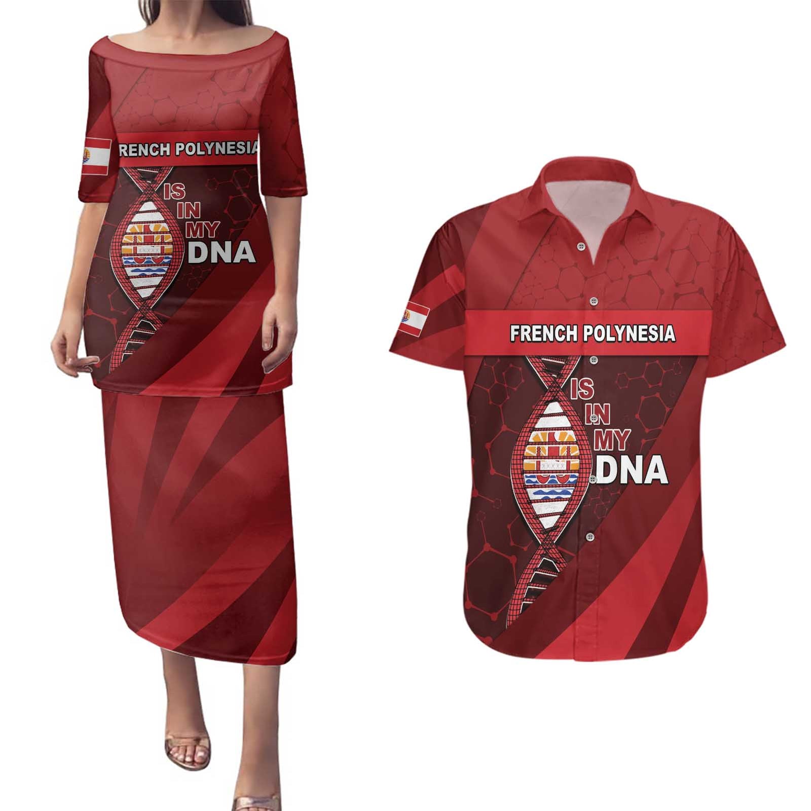 French Polynesia Is In My DNA Couples Matching Puletasi and Hawaiian Shirt DT05 Red - Polynesian Pride