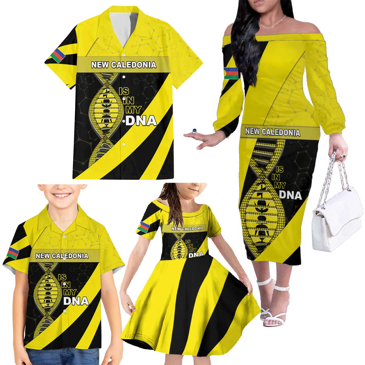 New Caledonia Is In My DNA Family Matching Off The Shoulder Long Sleeve Dress and Hawaiian Shirt - Polynesian Pride