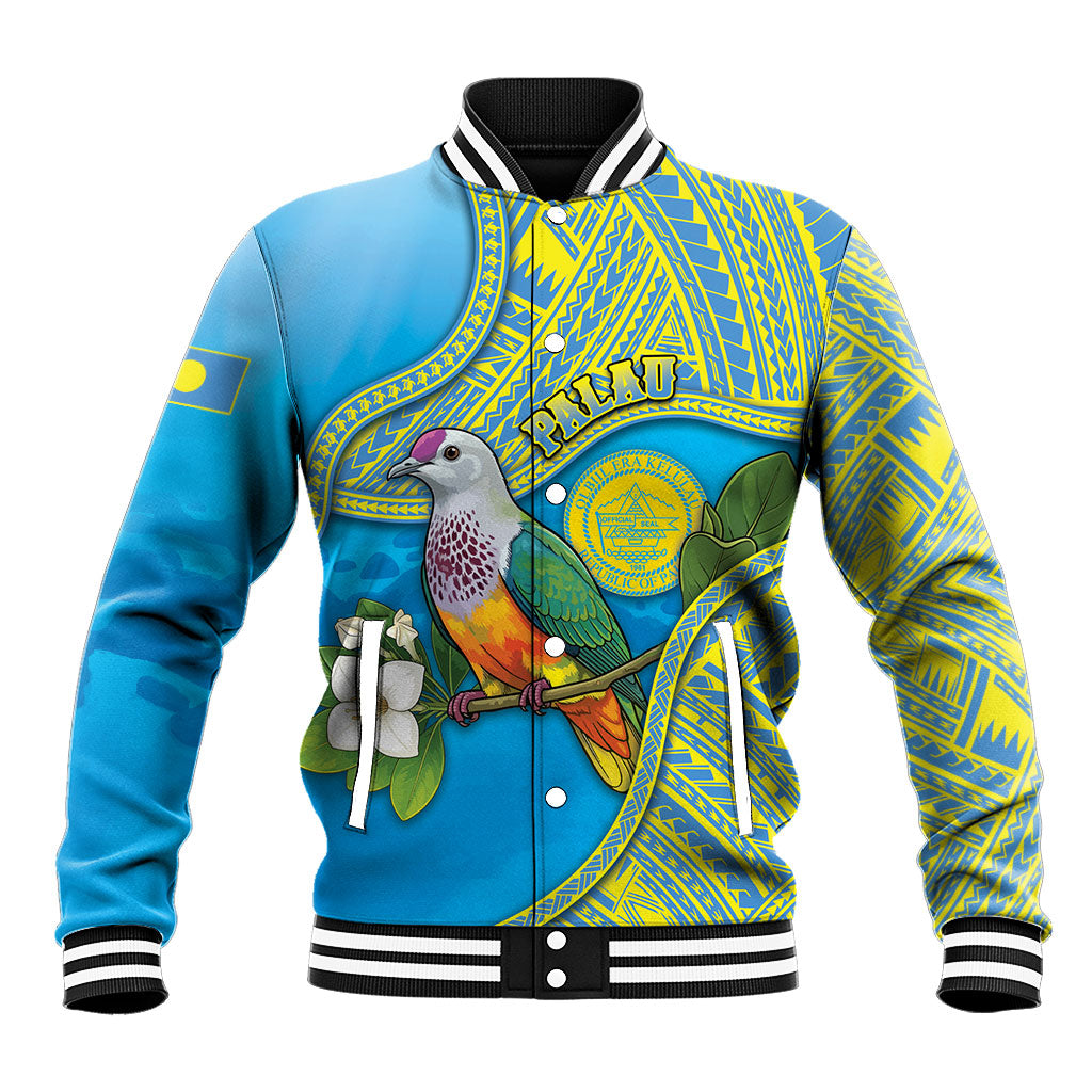 Personalised Palau Biib Bird Baseball Jacket Rur Flower And Rock Islands Patterns DT05 Unisex Blue - Polynesian Pride