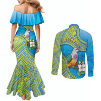 Personalised Palau Biib Bird Couples Matching Mermaid Dress and Long Sleeve Button Shirt Rur Flower And Rock Islands Patterns