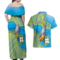 Personalised Palau Biib Bird Couples Matching Off Shoulder Maxi Dress and Hawaiian Shirt Rur Flower And Rock Islands Patterns