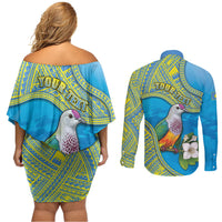 Personalised Palau Biib Bird Couples Matching Off Shoulder Short Dress and Long Sleeve Button Shirt Rur Flower And Rock Islands Patterns