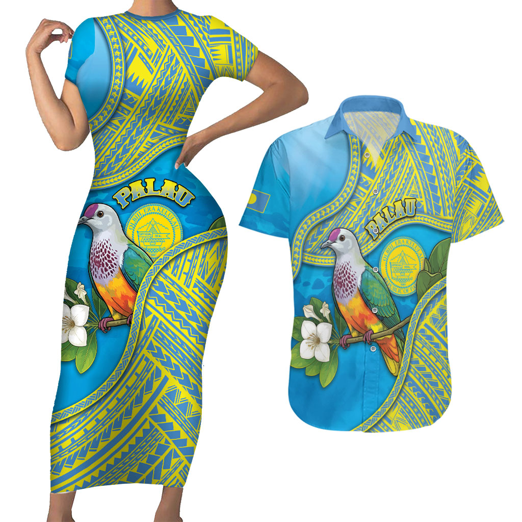 Personalised Palau Biib Bird Couples Matching Short Sleeve Bodycon Dress and Hawaiian Shirt Rur Flower And Rock Islands Patterns