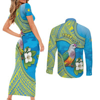 Personalised Palau Biib Bird Couples Matching Short Sleeve Bodycon Dress and Long Sleeve Button Shirt Rur Flower And Rock Islands Patterns