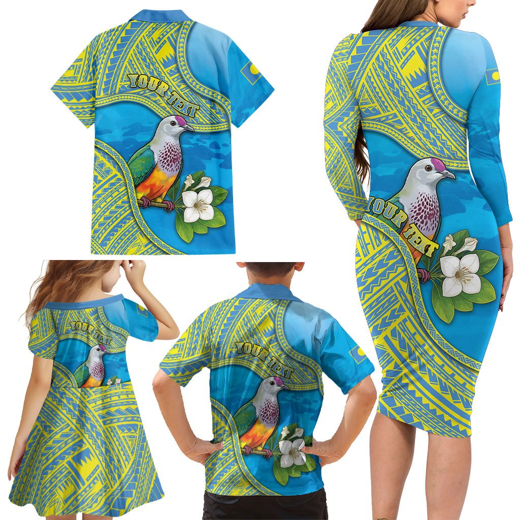 Personalised Palau Biib Bird Family Matching Long Sleeve Bodycon Dress and Hawaiian Shirt Rur Flower And Rock Islands Patterns