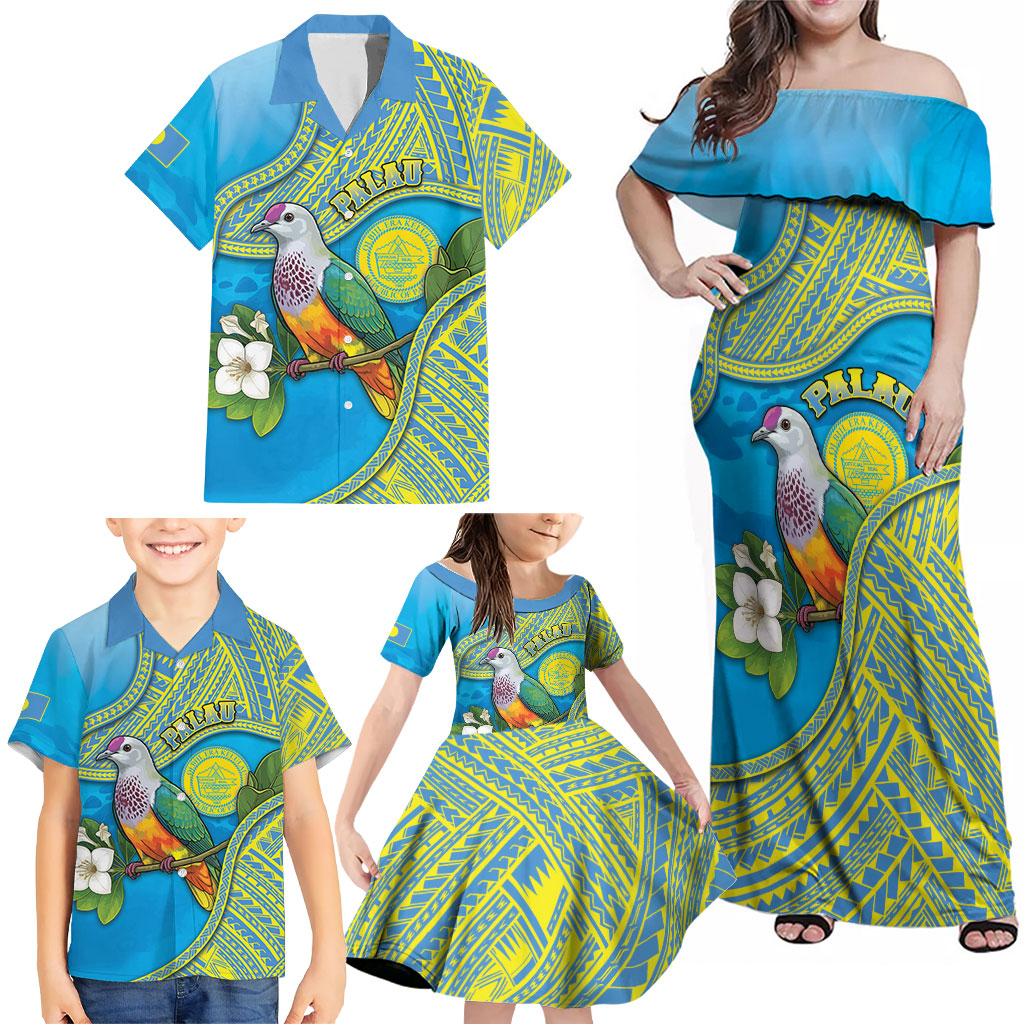 Personalised Palau Biib Bird Family Matching Off Shoulder Maxi Dress and Hawaiian Shirt Rur Flower And Rock Islands Patterns