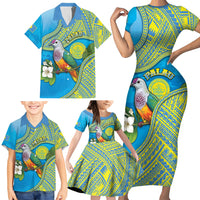 Personalised Palau Biib Bird Family Matching Short Sleeve Bodycon Dress and Hawaiian Shirt Rur Flower And Rock Islands Patterns