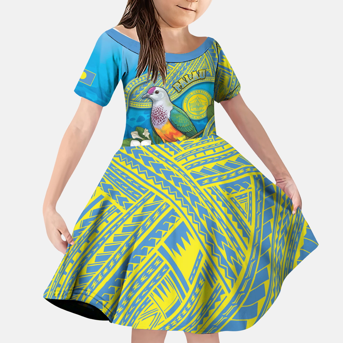 Personalised Palau Biib Bird Kid Short Sleeve Dress Rur Flower And Rock Islands Patterns