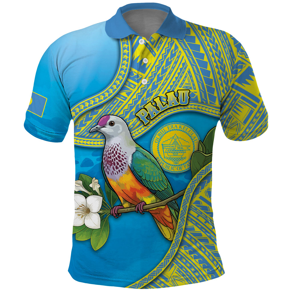 Personalised Palau Biib Bird Polo Shirt Rur Flower And Rock Islands Patterns DT05 Blue - Polynesian Pride