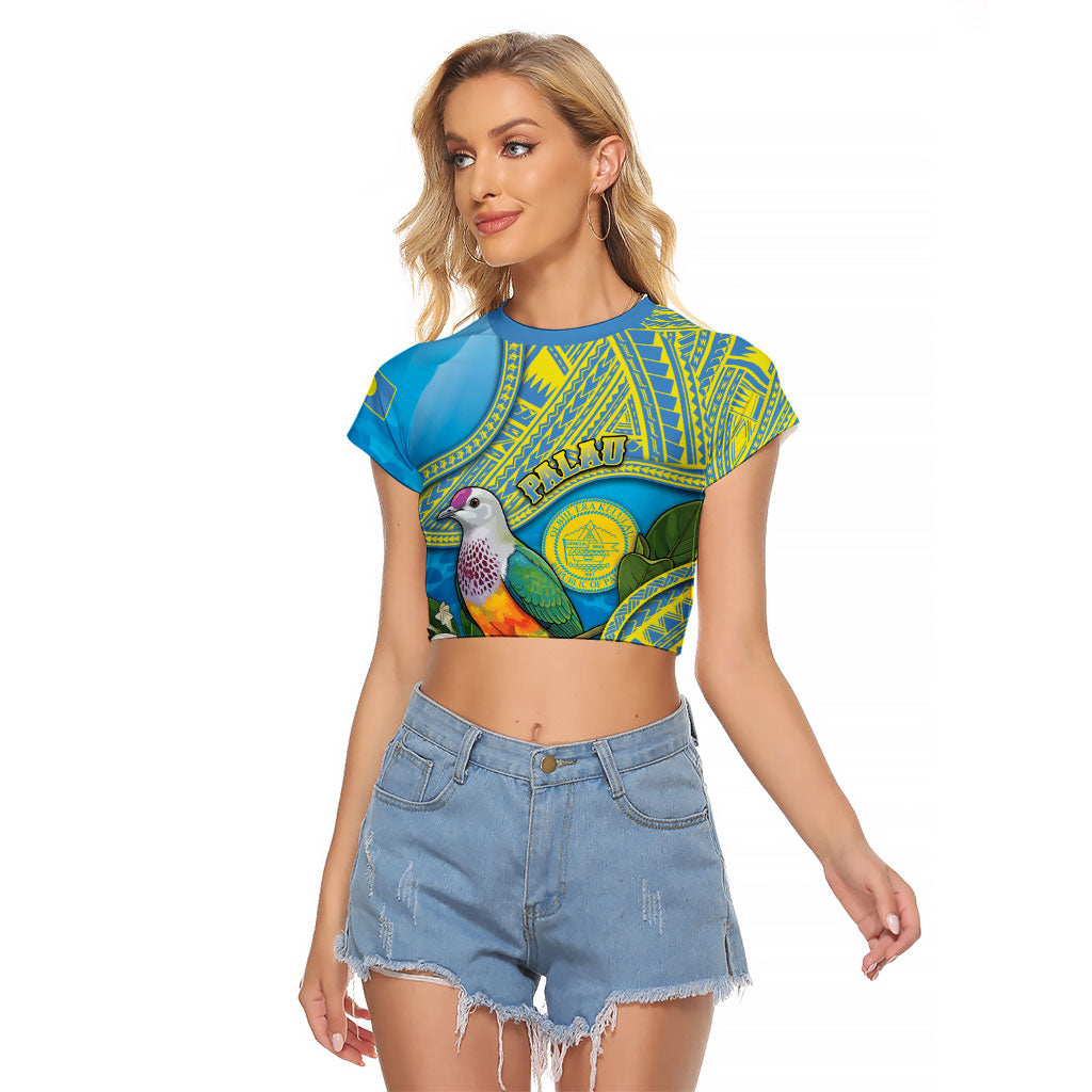 Personalised Palau Biib Bird Raglan Cropped T Shirt Rur Flower And Rock Islands Patterns DT05 Female Blue - Polynesian Pride