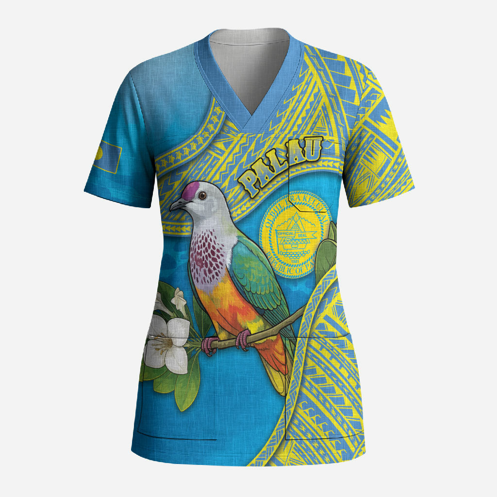 Personalised Palau Biib Bird Scrub Top Rur Flower And Rock Islands Patterns