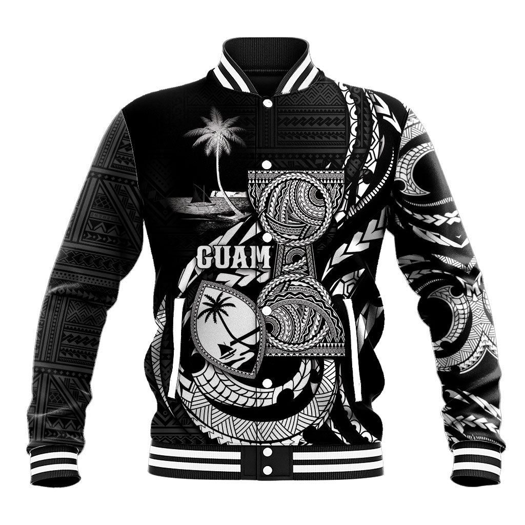 Personalised Guam Liberation Day Baseball Jacket Black White Latte Stone Tribal Patterns