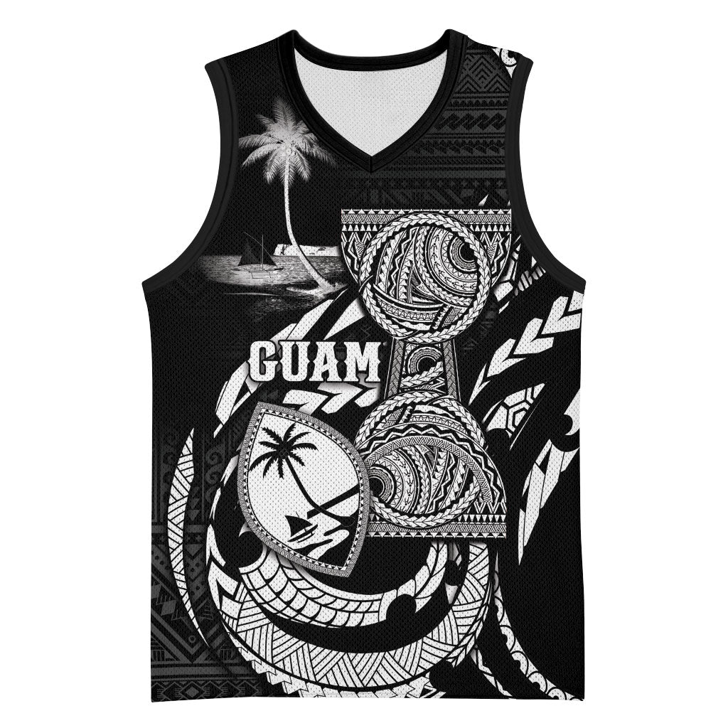 Personalised Guam Liberation Day Basketball Jersey Black White Latte Stone Tribal Patterns
