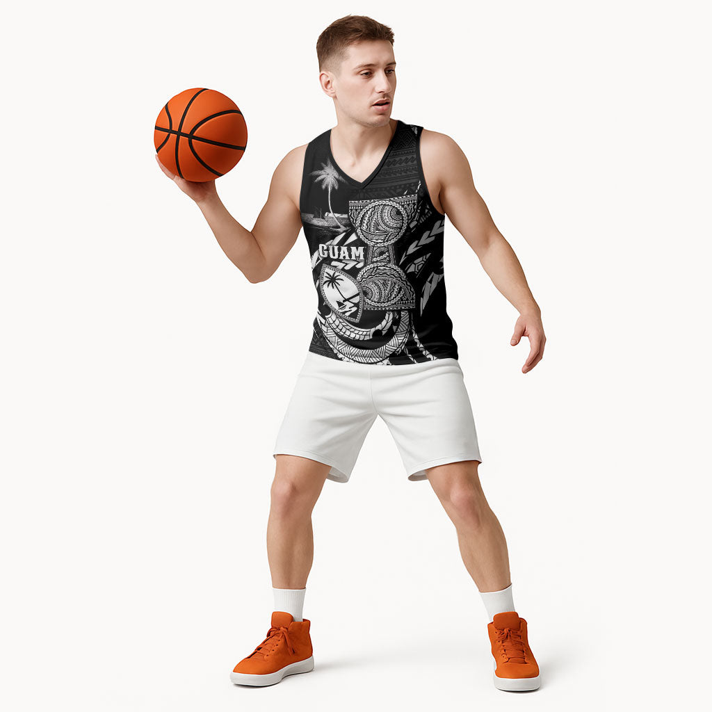 Personalised Guam Liberation Day Basketball Jersey Black White Latte Stone Tribal Patterns