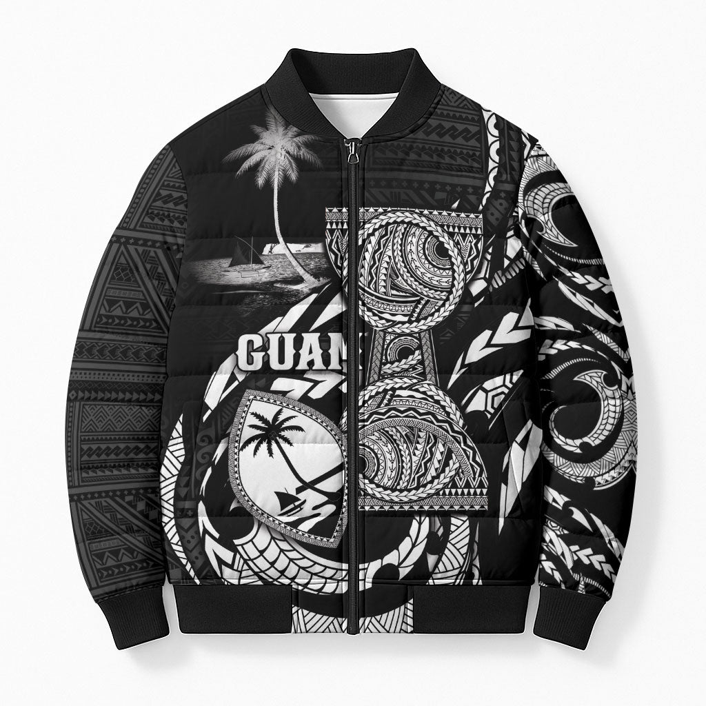 Personalised Guam Liberation Day Bomber Puffer Jacket Black White Latte Stone Tribal Patterns
