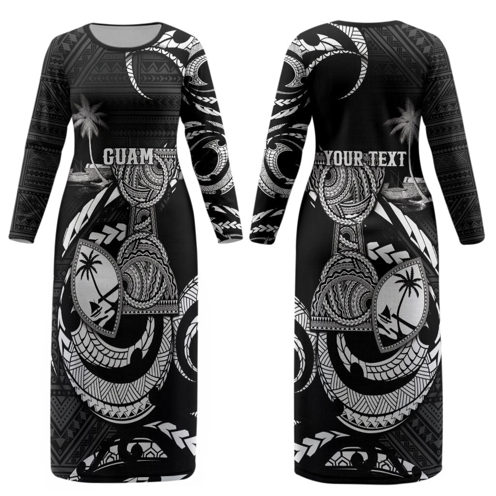 Personalised Guam Liberation Day Couples Matching Long Sleeve Bodycon Dress and Hawaiian Shirt Black White Latte Stone Tribal Patterns DT05 - Polynesian Pride