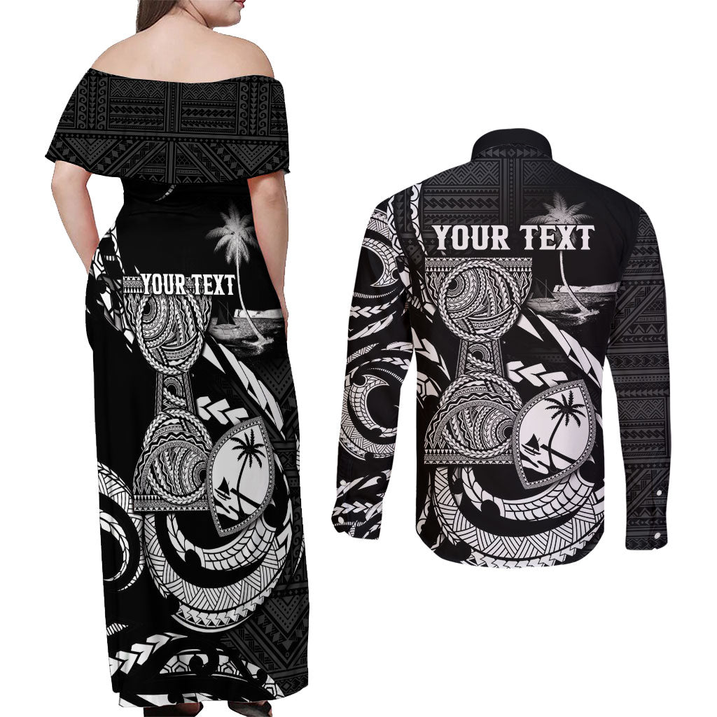 Personalised Guam Liberation Day Couples Matching Off Shoulder Maxi Dress and Long Sleeve Button Shirt Black White Latte Stone Tribal Patterns