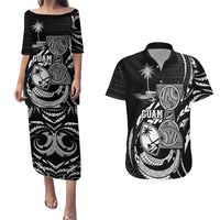 Personalised Guam Liberation Day Couples Matching Puletasi and Hawaiian Shirt Black White Latte Stone Tribal Patterns