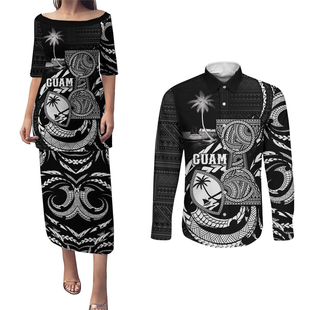 Personalised Guam Liberation Day Couples Matching Puletasi and Long Sleeve Button Shirt Black White Latte Stone Tribal Patterns