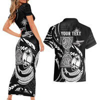 Personalised Guam Liberation Day Couples Matching Short Sleeve Bodycon Dress and Hawaiian Shirt Black White Latte Stone Tribal Patterns
