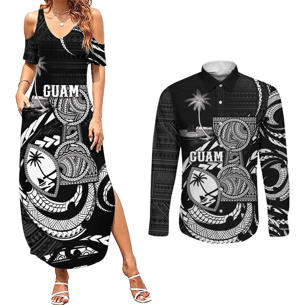 Personalised Guam Liberation Day Couples Matching Summer Maxi Dress and Long Sleeve Button Shirt Black White Latte Stone Tribal Patterns