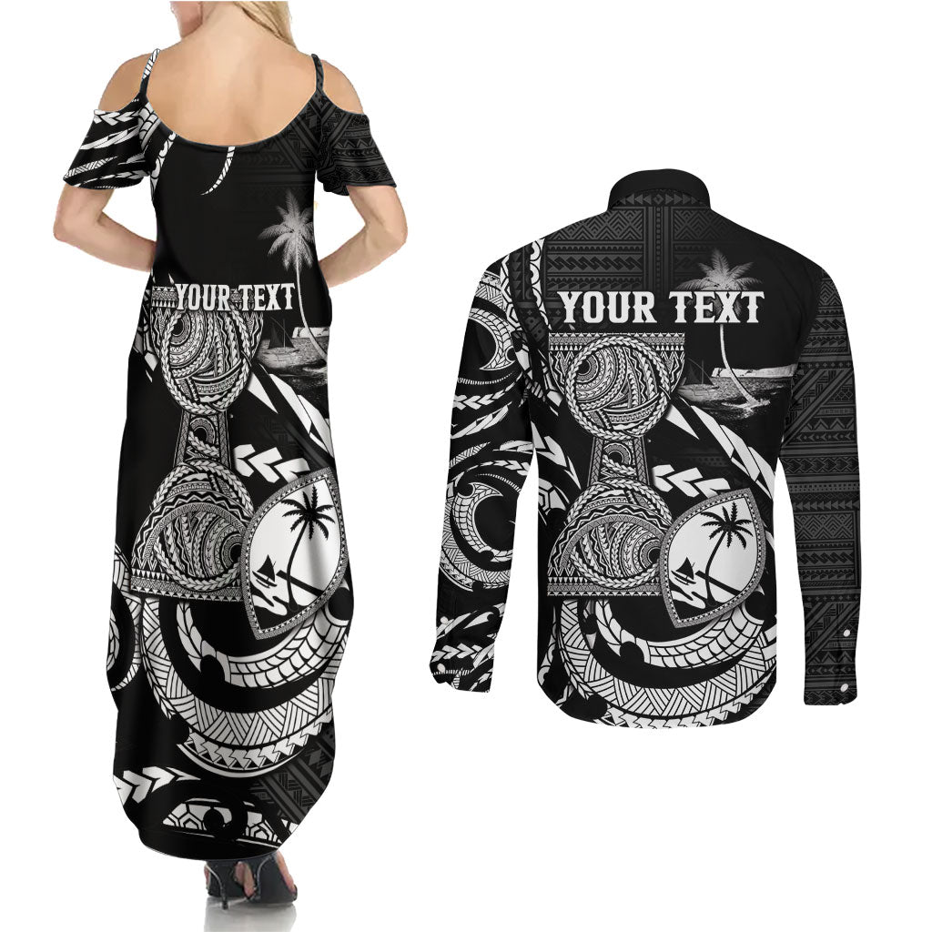 Personalised Guam Liberation Day Couples Matching Summer Maxi Dress and Long Sleeve Button Shirt Black White Latte Stone Tribal Patterns
