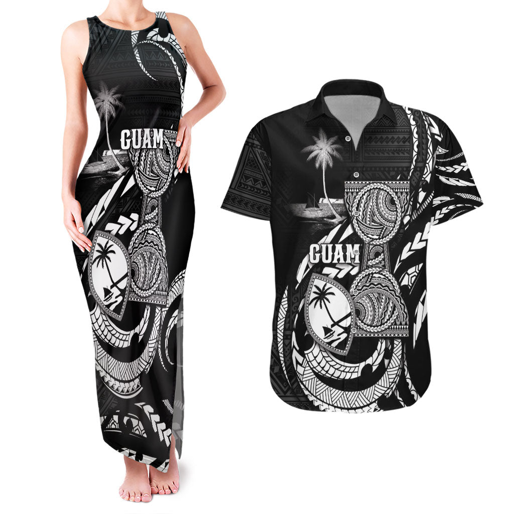 Personalised Guam Liberation Day Couples Matching Tank Maxi Dress and Hawaiian Shirt Black White Latte Stone Tribal Patterns