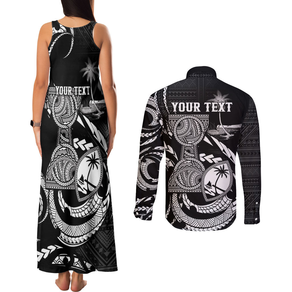 Personalised Guam Liberation Day Couples Matching Tank Maxi Dress and Long Sleeve Button Shirt Black White Latte Stone Tribal Patterns