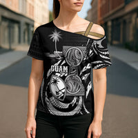 Personalised Guam Liberation Day Cross Shoulder Shirt Black White Latte Stone Tribal Patterns