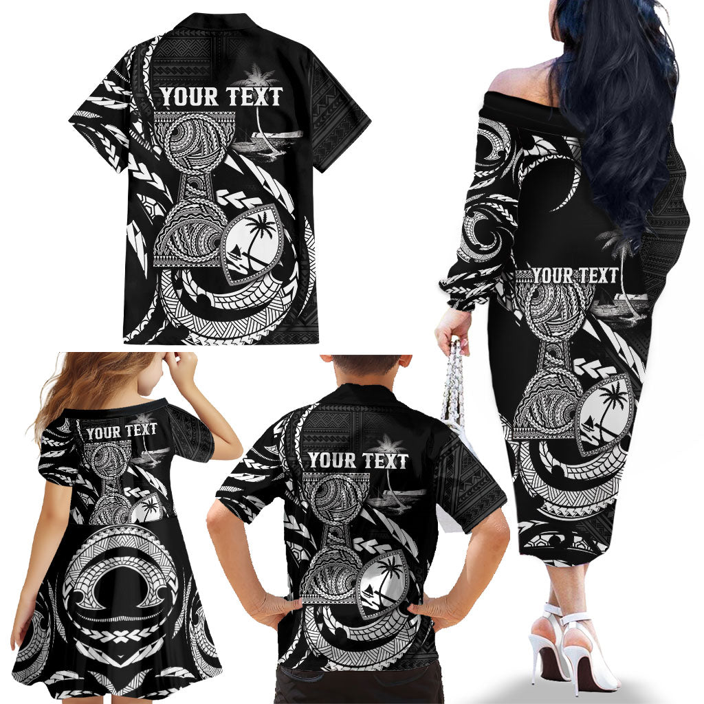 Personalised Guam Liberation Day Family Matching Off The Shoulder Long Sleeve Dress and Hawaiian Shirt Black White Latte Stone Tribal Patterns