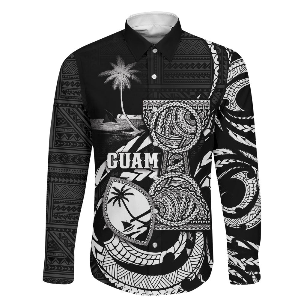 Personalised Guam Liberation Day Family Matching Off The Shoulder Long Sleeve Dress and Hawaiian Shirt Black White Latte Stone Tribal Patterns