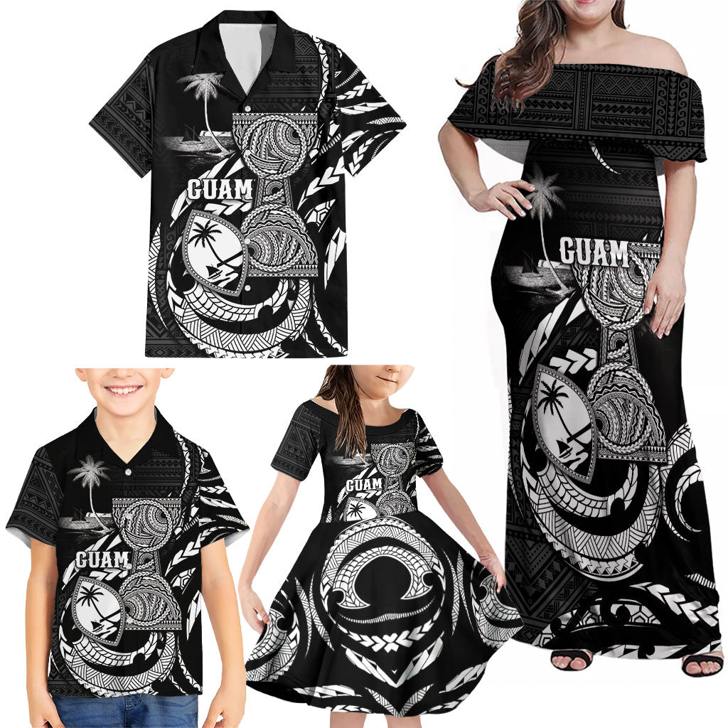 Personalised Guam Liberation Day Family Matching Off Shoulder Maxi Dress and Hawaiian Shirt Black White Latte Stone Tribal Patterns DT05 - Polynesian Pride