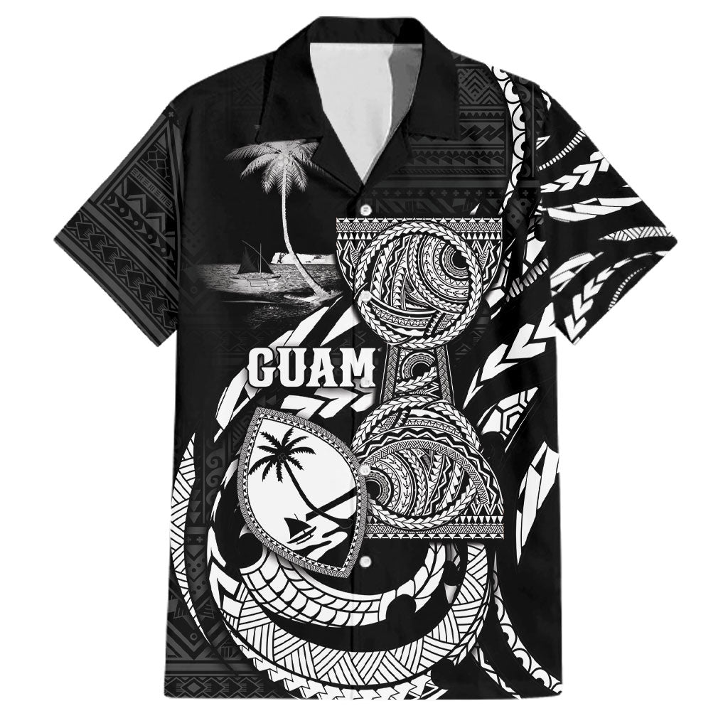 Personalised Guam Liberation Day Family Matching Off Shoulder Maxi Dress and Hawaiian Shirt Black White Latte Stone Tribal Patterns