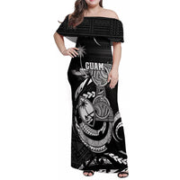 Personalised Guam Liberation Day Family Matching Off Shoulder Maxi Dress and Hawaiian Shirt Black White Latte Stone Tribal Patterns