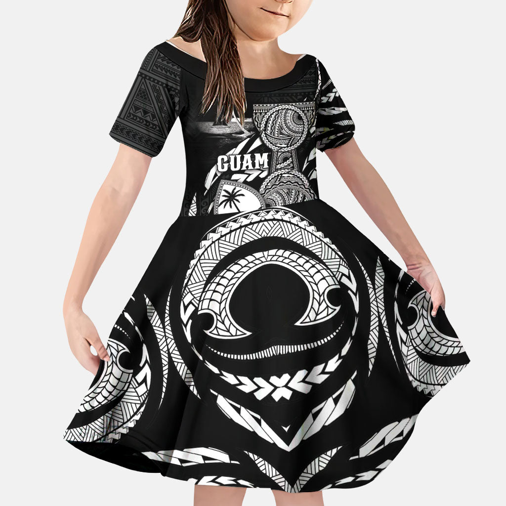 Personalised Guam Liberation Day Family Matching Off Shoulder Short Dress and Hawaiian Shirt Black White Latte Stone Tribal Patterns