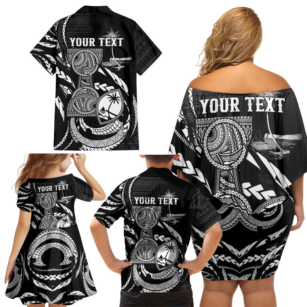 Personalised Guam Liberation Day Family Matching Off Shoulder Short Dress and Hawaiian Shirt Black White Latte Stone Tribal Patterns